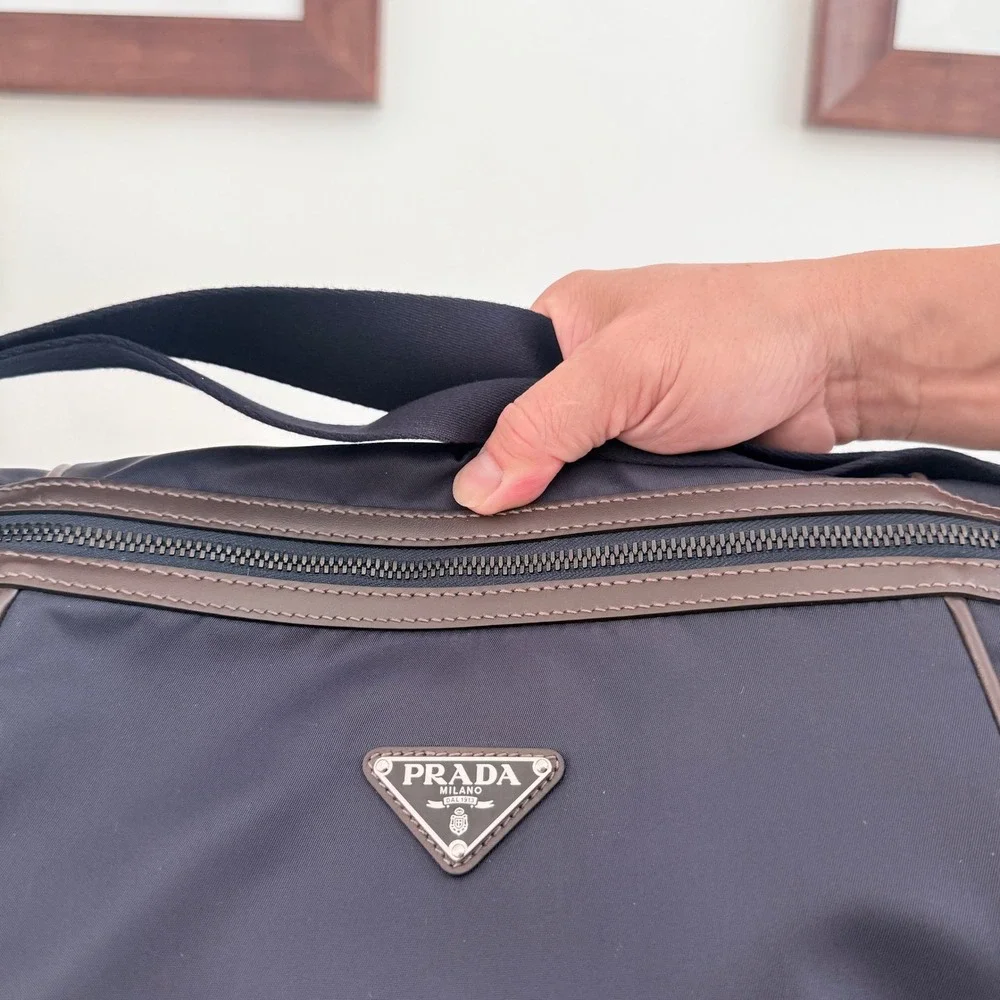 Prada Bandoliera Tessuto Camoscio Messenger Bag Navy Blue Brown 2VH180